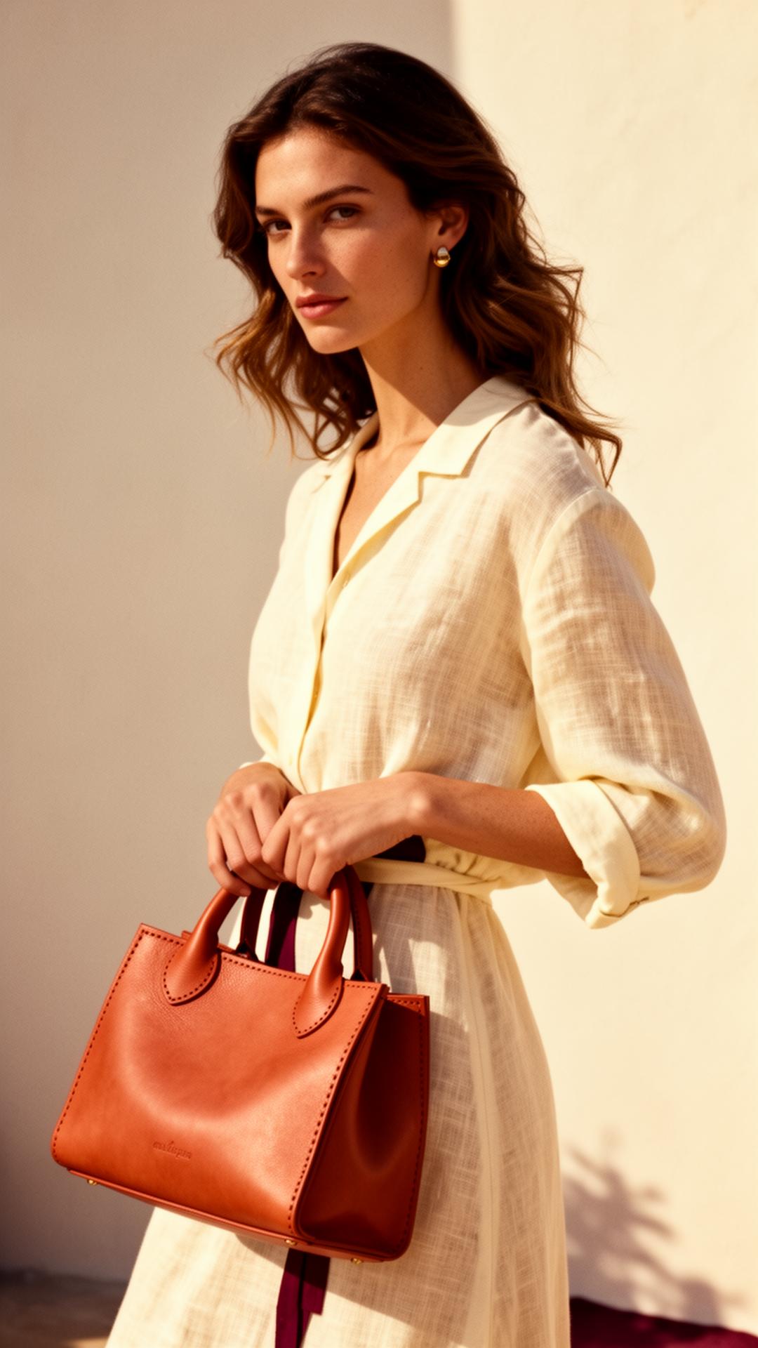 Modelo con bolso de cuero terracota Claramente Bella